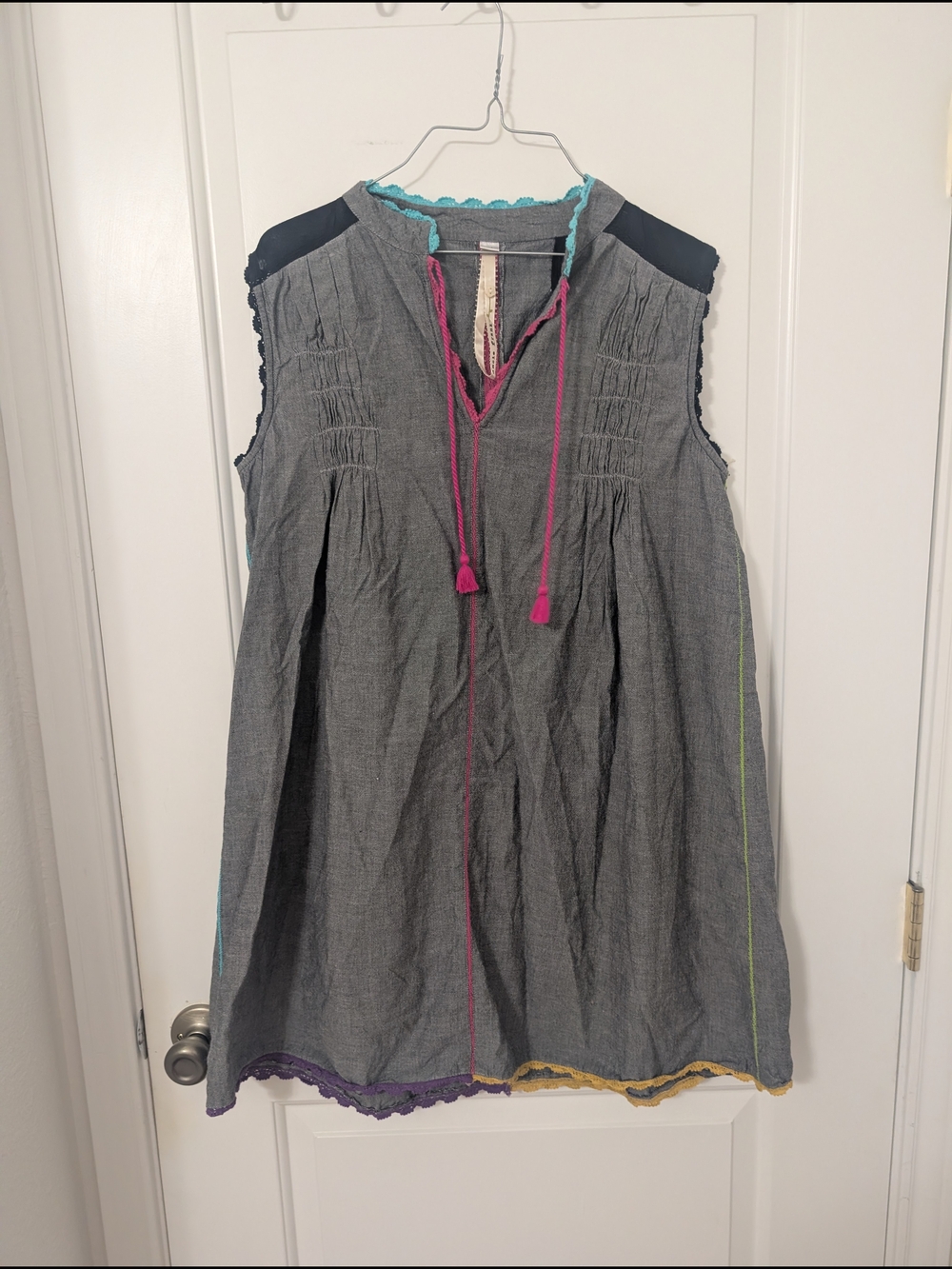 Uncle Frank Gray Chambray Boho Tunic Dress M Colorful Trim
